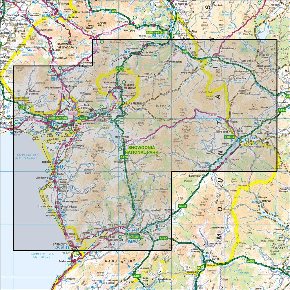 Outdoor Map Navigator image showing the area of the 1:25,000 scale Ordnance Survey Explorer map OL18 Harlech, Porthmadog & Bala