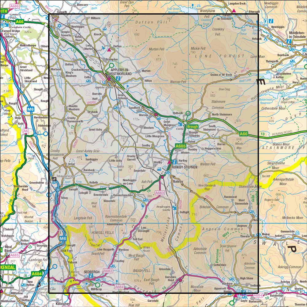 Outdoor Map Navigator image showing the area of the 1:25,000 scale Ordnance Survey Explorer map OL19 Howgill Fells & Upper Eden Valley