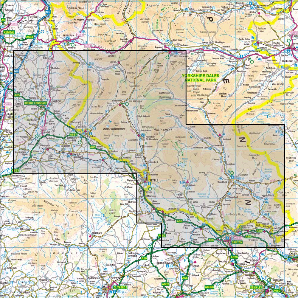 Outdoor Map Navigator image showing the area of the 1:25,000 scale Ordnance Survey Explorer map OL2 Yorkshire Dales - Southern & Western areas