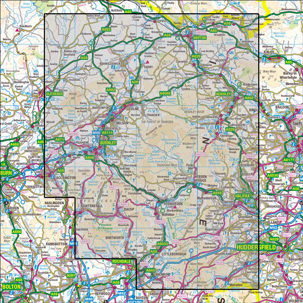 Outdoor Map Navigator image showing the area of the 1:25,000 scale Ordnance Survey Explorer map OL21 South Pennines