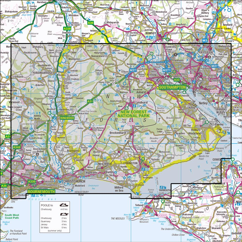 Outdoor Map Navigator image showing the area of the 1:25,000 scale Ordnance Survey Explorer map OL22 New Forest