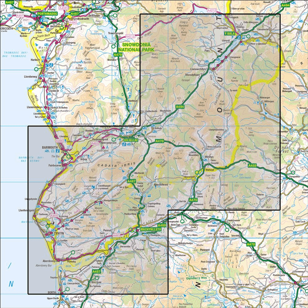 Outdoor Map Navigator image showing the area of the 1:25,000 scale Ordnance Survey Explorer map OL23 Cadair Idris & Bala Lake