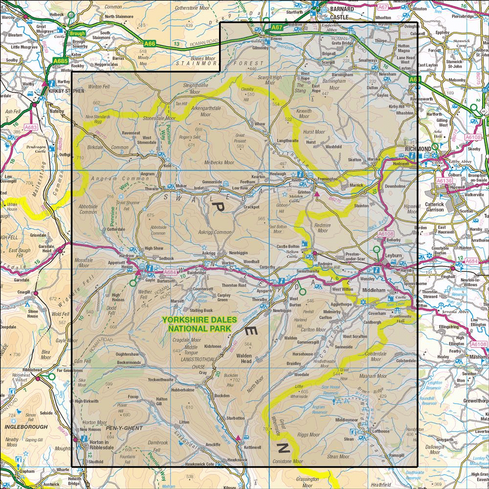 Outdoor Map Navigator image showing the area of the 1:25,000 scale Ordnance Survey Explorer map OL30 Yorkshire Dales - Northern & Central Areas