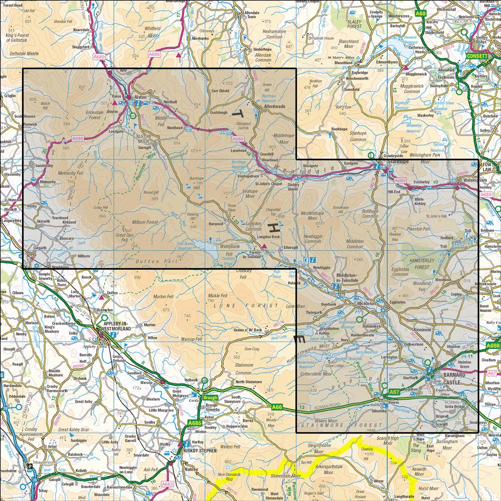 Outdoor Map Navigator image showing the area of the 1:25,000 scale Ordnance Survey Explorer map OL31 North Pennines - Teesdale & Weardale