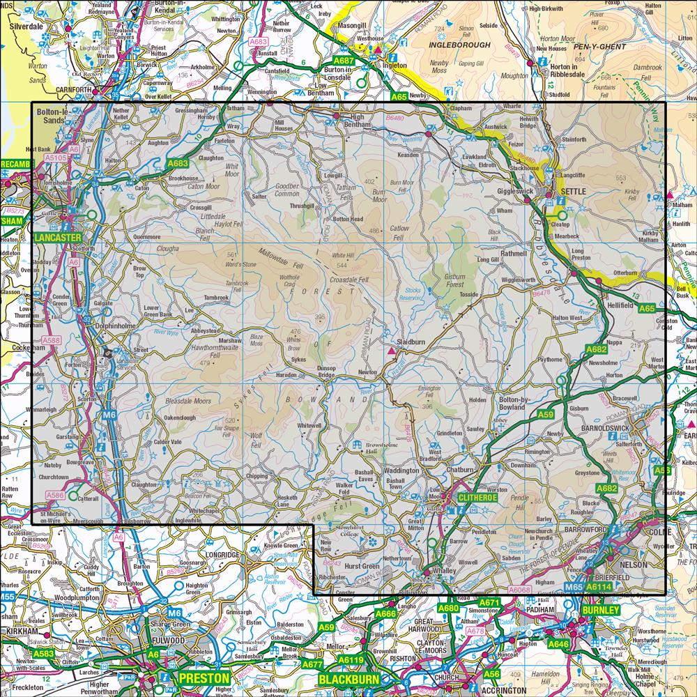 Outdoor Map Navigator image showing the area of the 1:25,000 scale Ordnance Survey Explorer map OL41 Forest of Bowland & Ribblesdale