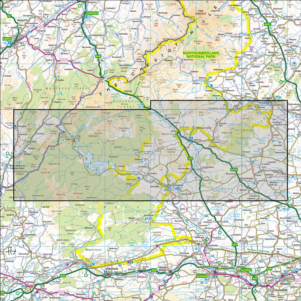 Outdoor Map Navigator image showing the area of the 1:25,000 scale Ordnance Survey Explorer map OL42 Kielder Water