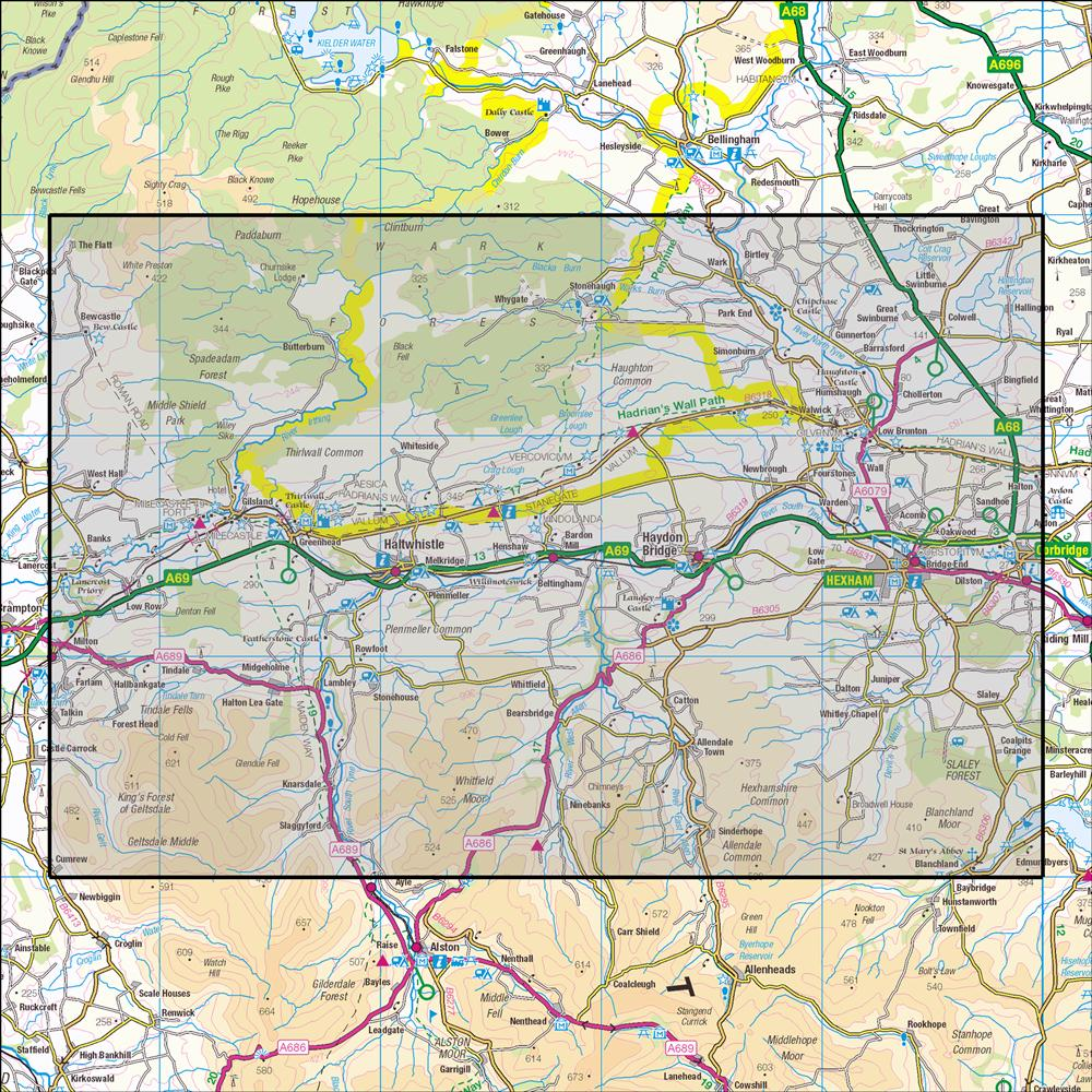 Outdoor Map Navigator image showing the area of the 1:25,000 scale Ordnance Survey Explorer map OL43 Hadrian s Wall