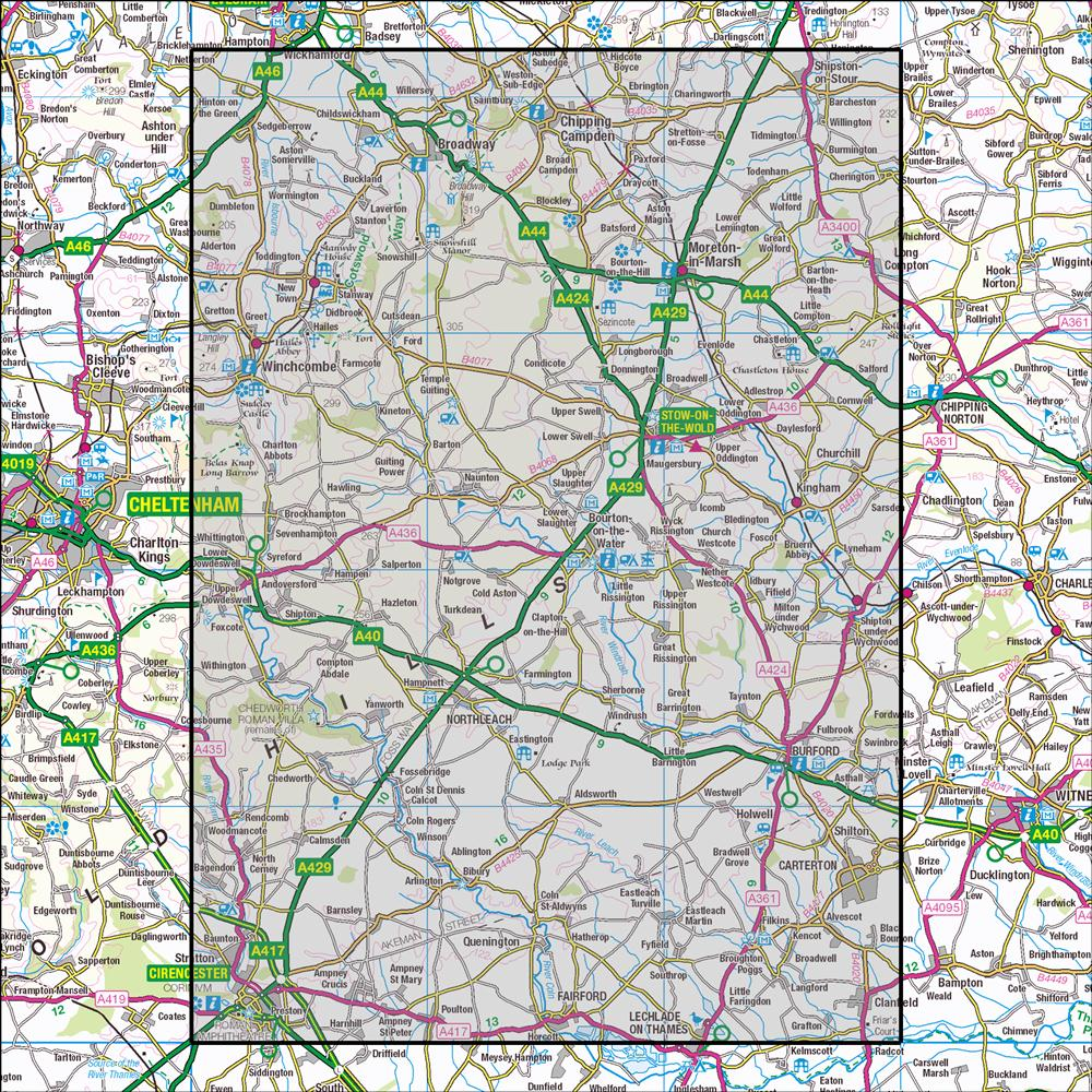 Outdoor Map Navigator image showing the area of the 1:25,000 scale Ordnance Survey Explorer map OL45 The Cotswolds