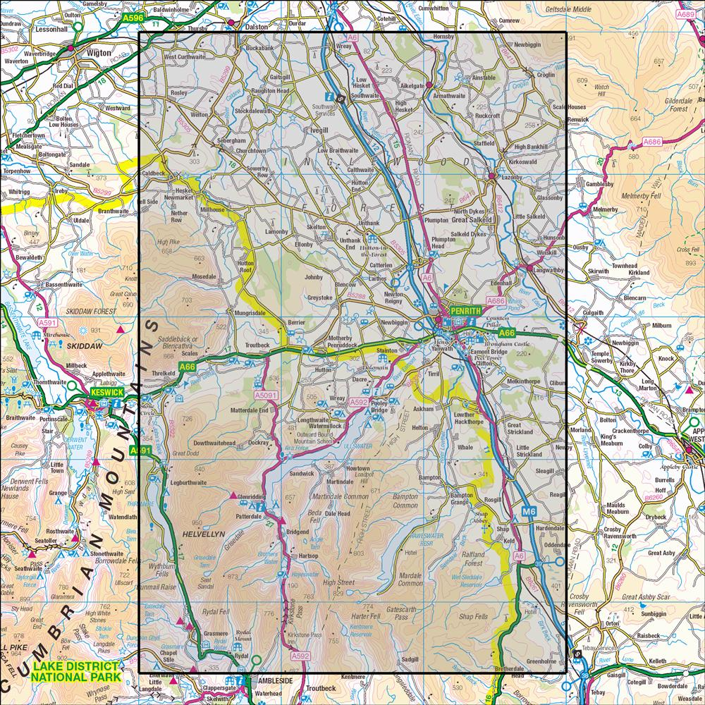Outdoor Map Navigator image showing the area of the 1:25,000 scale Ordnance Survey Explorer map OL5 English Lakes - North-eastern area