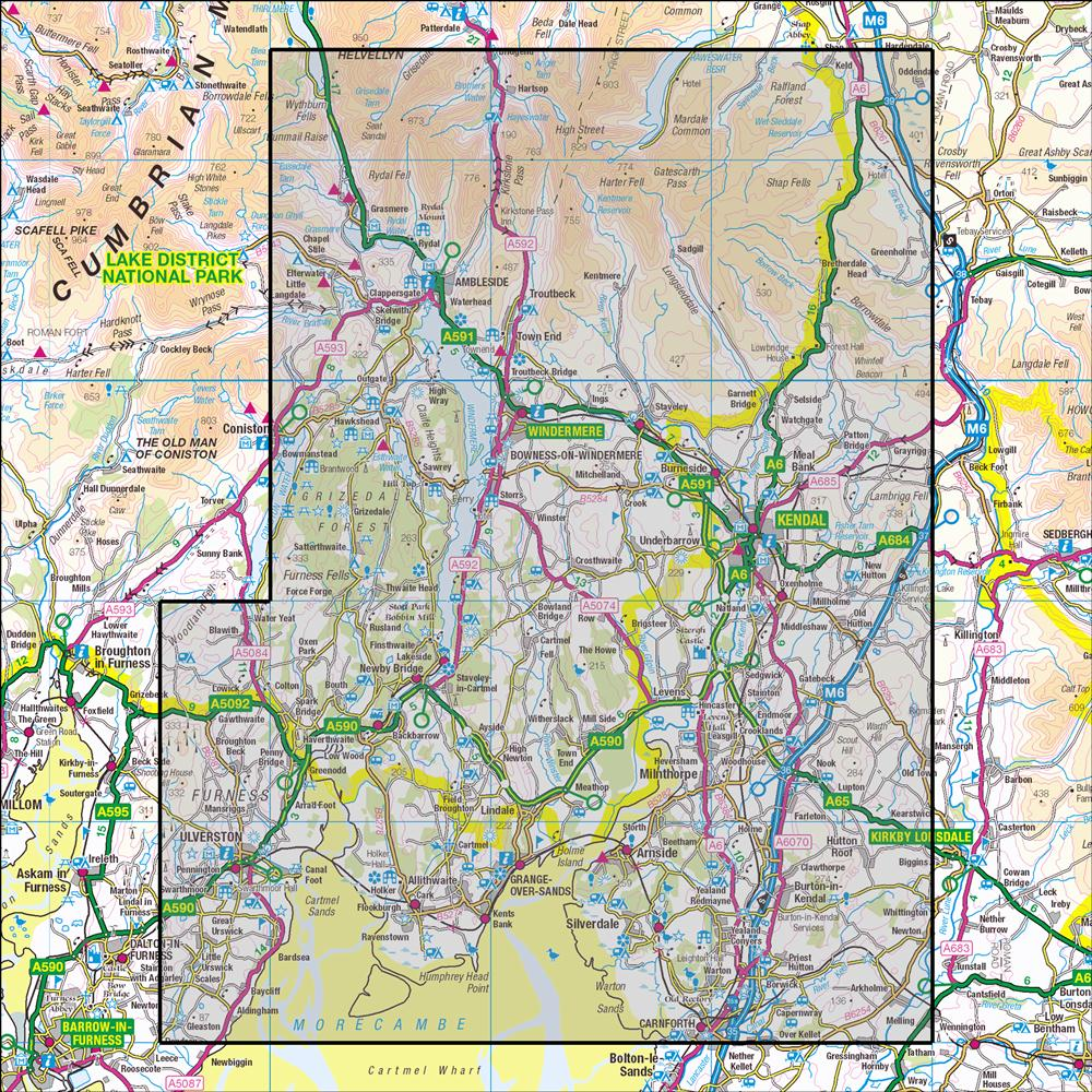 Outdoor Map Navigator image showing the area of the 1:25,000 scale Ordnance Survey Explorer map OL7 English Lakes - South-eastern area