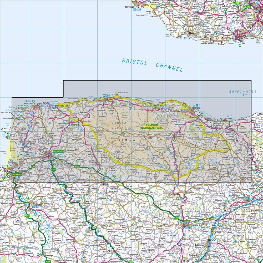 Outdoor Map Navigator image showing the area of the 1:25,000 scale Ordnance Survey Explorer map OL9 Exmoor