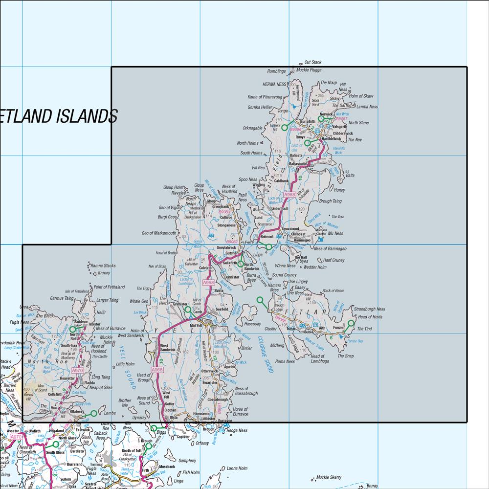 Outdoor Map Navigator image showing the area of the 1:50,000 scale Ordnance Survey Landranger map 1 Shetland Yell, Unst & Fetlar