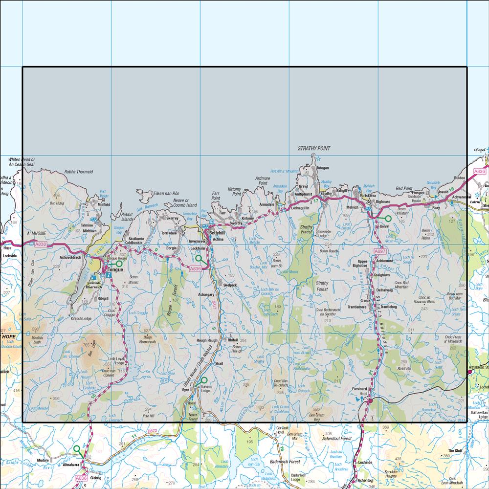 Outdoor Map Navigator image showing the area of the 1:50,000 scale Ordnance Survey Landranger map 10 Strath Naver Bettyhill & Tongue