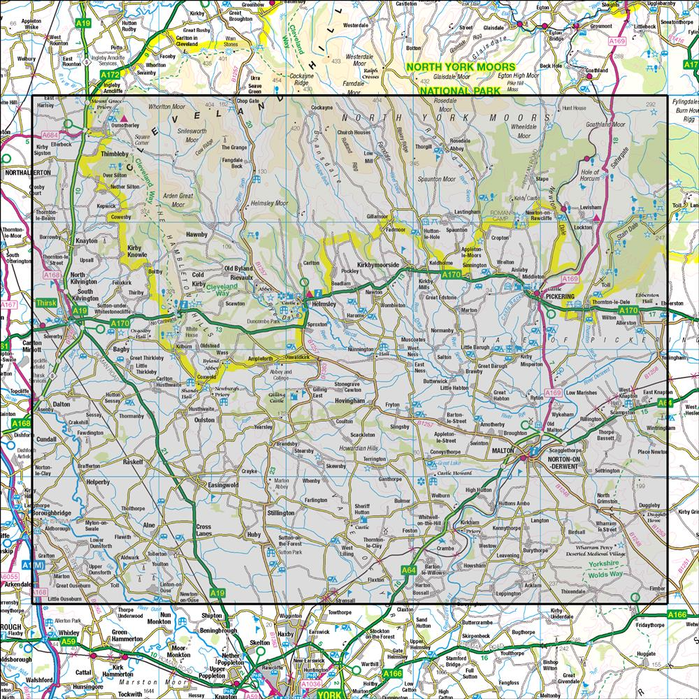 Outdoor Map Navigator image showing the area of the 1:50,000 scale Ordnance Survey Landranger map 100  Malton & Pickering Helmsley & Easingwold