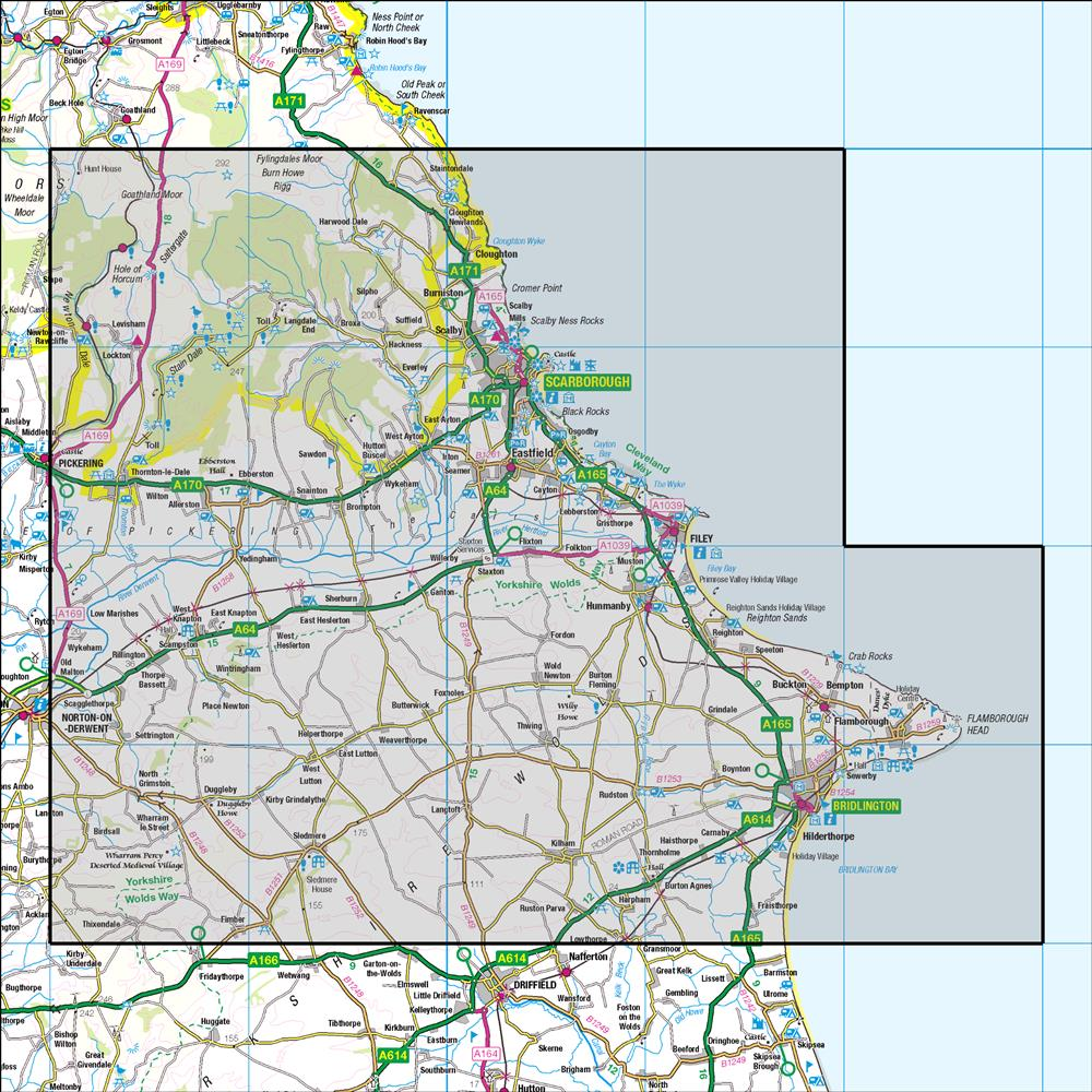 Outdoor Map Navigator image showing the area of the 1:50,000 scale Ordnance Survey Landranger map 101  Scarborough Bridlington & Filey
