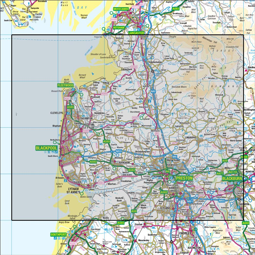 Outdoor Map Navigator image showing the area of the 1:50,000 scale Ordnance Survey Landranger map 102 Preston & Blackpool Lytham St Anne's