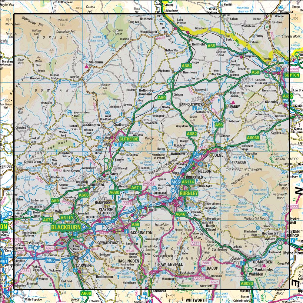 Outdoor Map Navigator image showing the area of the 1:50,000 scale Ordnance Survey Landranger map 103 Blackburn & Burnley Clitheroe & Skipton
