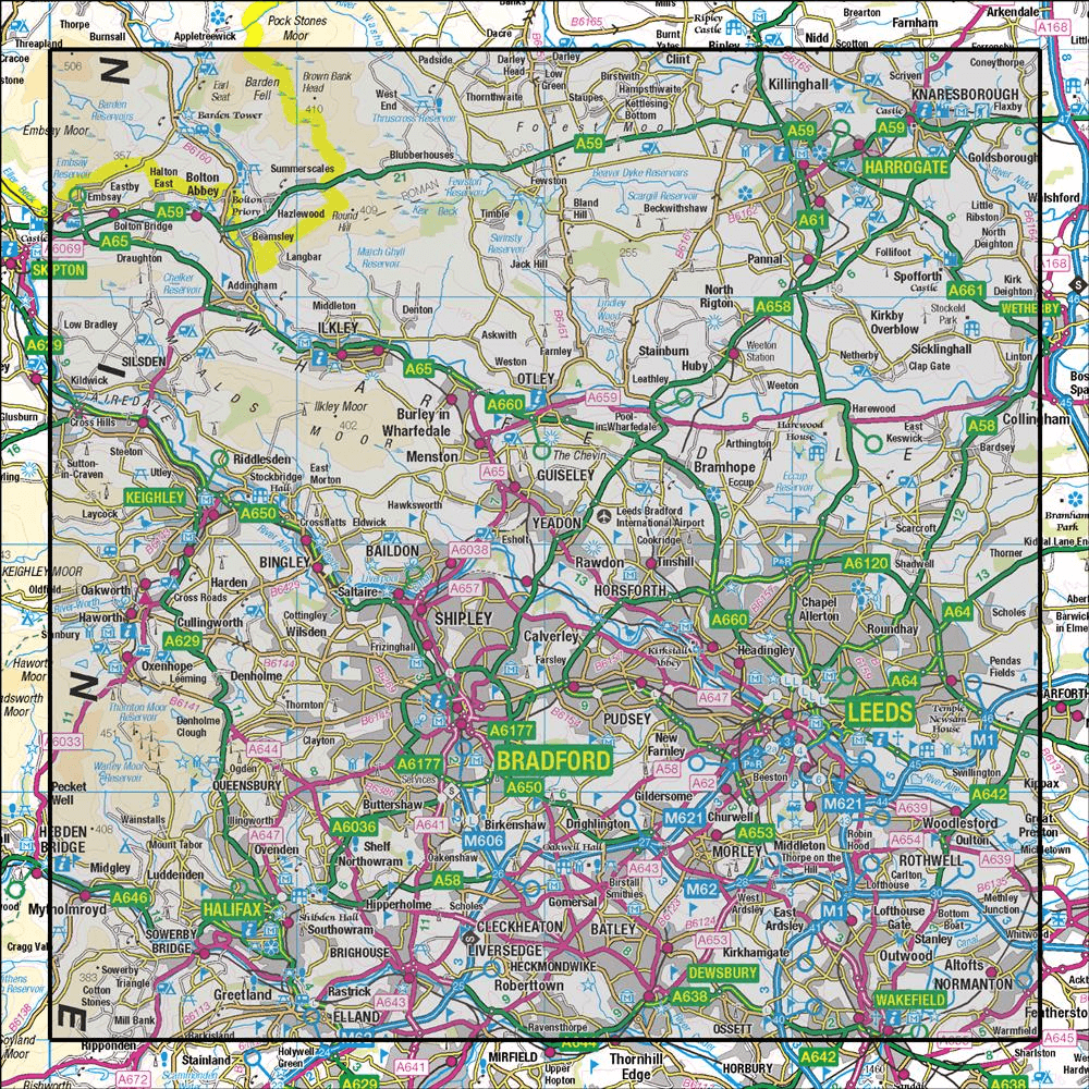 Outdoor Map Navigator image showing the area of the 1:50,000 scale Ordnance Survey Landranger map 104 Leeds & Bradford Harrogate & Ilkley