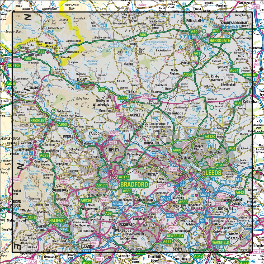 Outdoor Map Navigator image showing the area of the 1:50,000 scale Ordnance Survey Landranger map 104 Leeds & Bradford Harrogate & Ilkley