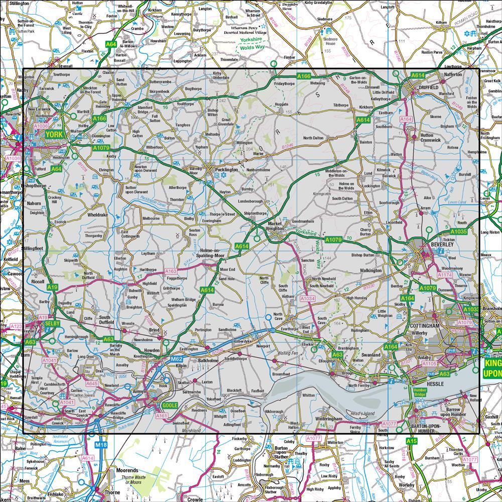 Outdoor Map Navigator image showing the area of the 1:50,000 scale Ordnance Survey Landranger map 106 Market Weighton Goole & Stamford Bridge