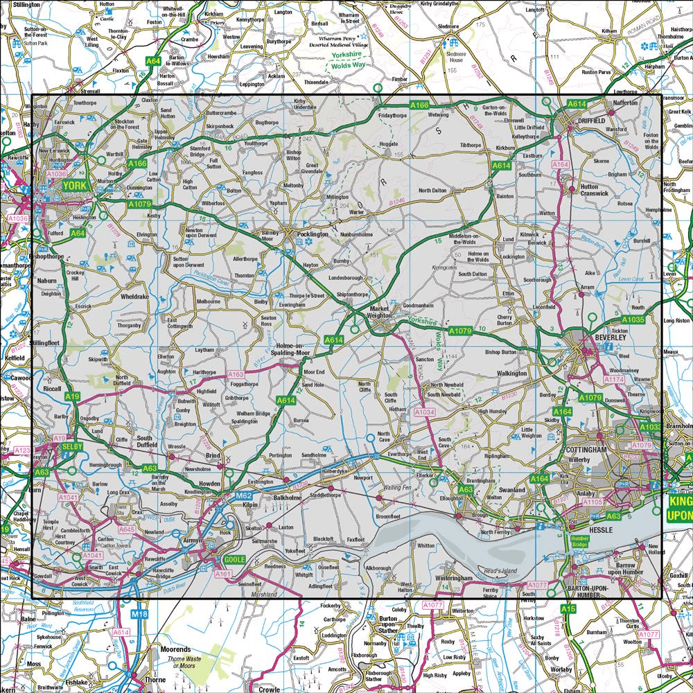 Outdoor Map Navigator image showing the area of the 1:50,000 scale Ordnance Survey Landranger map 106 Market Weighton Goole & Stamford Bridge