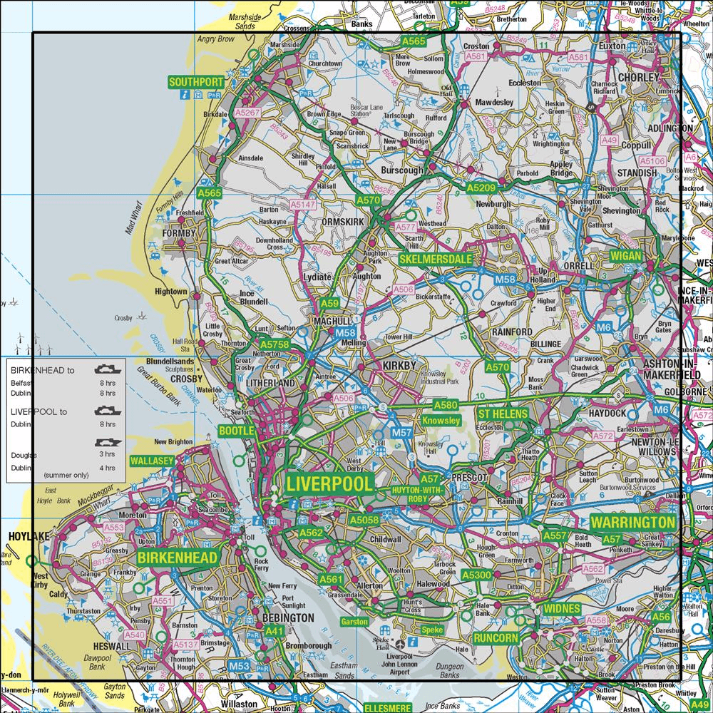 Outdoor Map Navigator image showing the area of the 1:50,000 scale Ordnance Survey Landranger map 108 Liverpool Southport & Wigan
