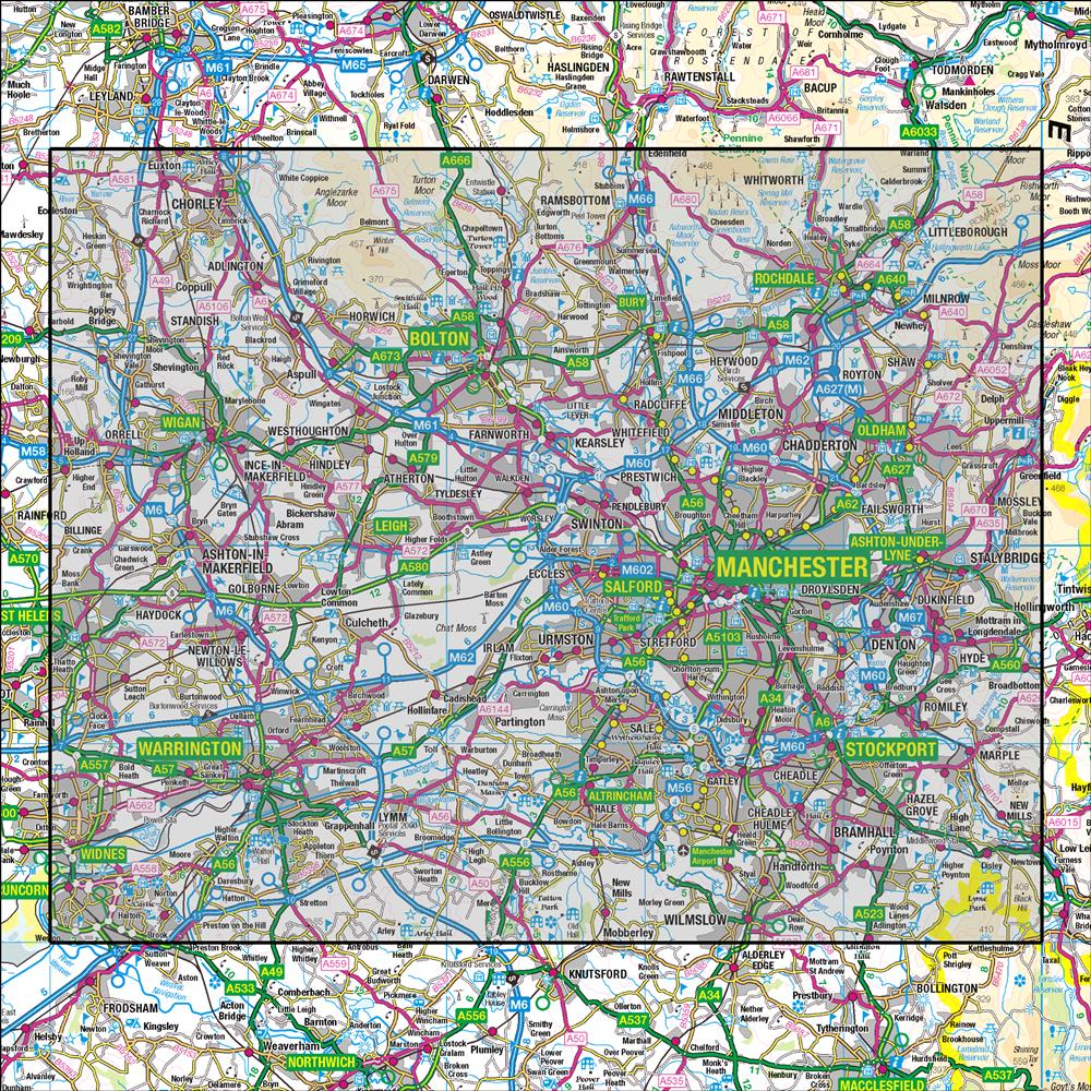 Outdoor Map Navigator image showing the area of the 1:50,000 scale Ordnance Survey Landranger map 109  Manchester Bolton & Warrington