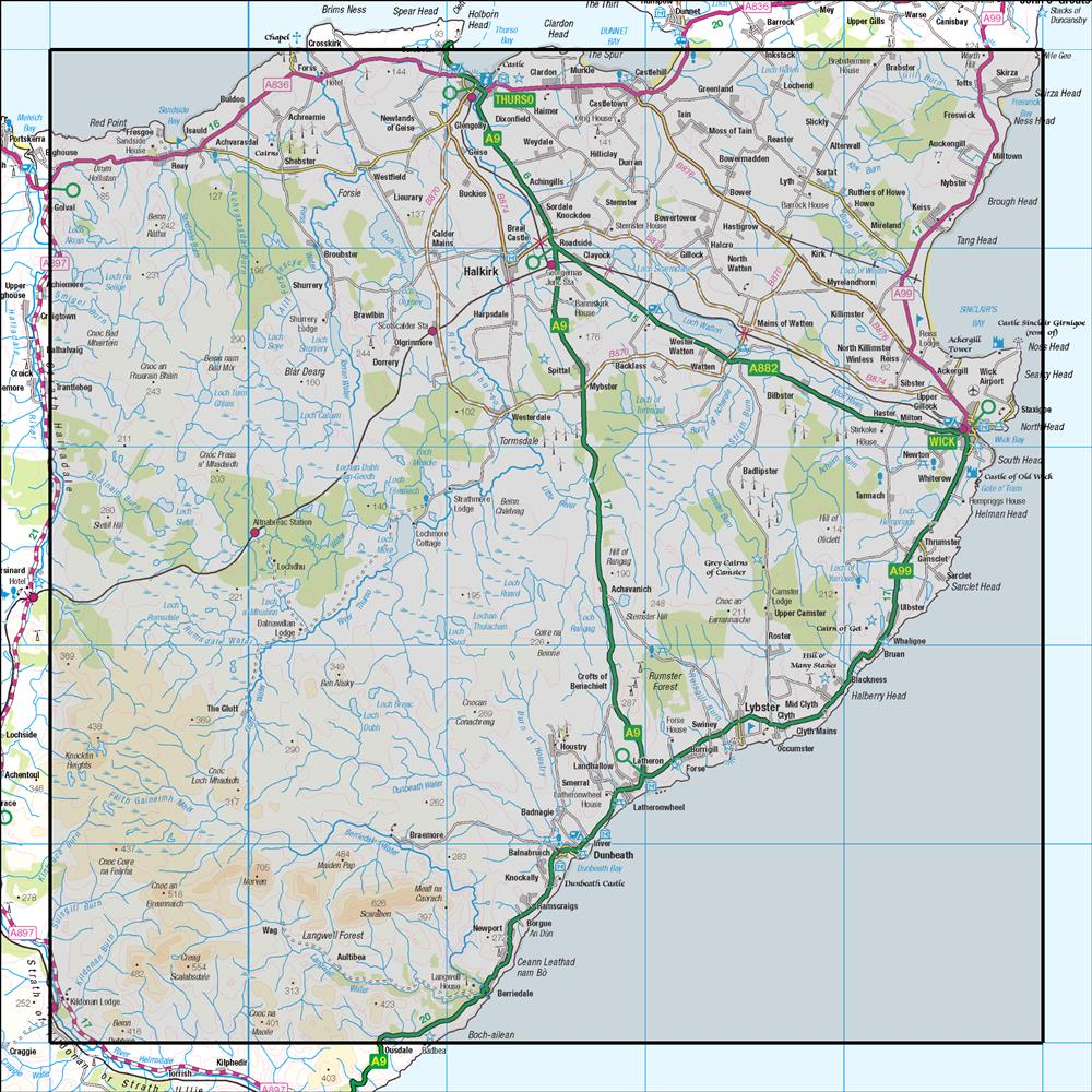 Outdoor Map Navigator image showing the area of the 1:50,000 scale Ordnance Survey Landranger map 11 Thurso & Dunbeath