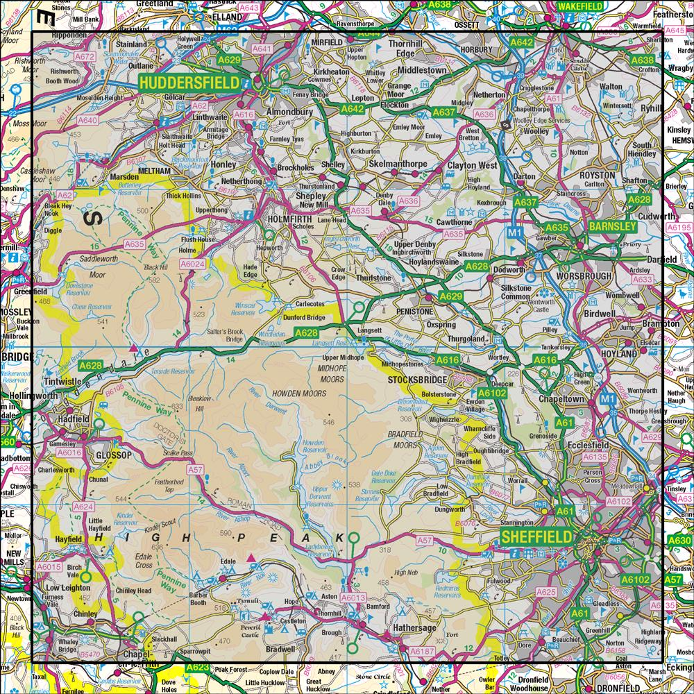 Outdoor Map Navigator image showing the area of the 1:50,000 scale Ordnance Survey Landranger map 110  Sheffield & Huddersfield Glossop & Holmfirth