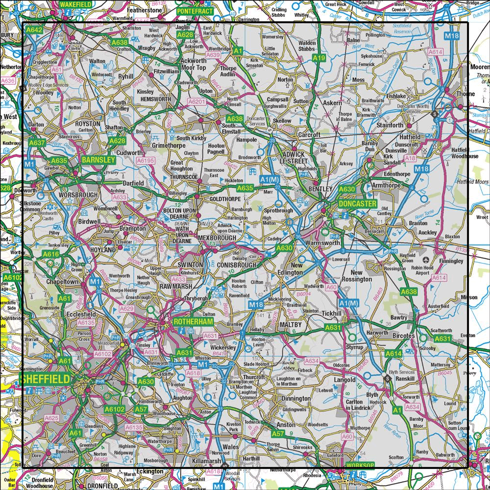 Outdoor Map Navigator image showing the area of the 1:50,000 scale Ordnance Survey Landranger map 111 Sheffield & Doncaster Rotherham, Barnsley & Thorne