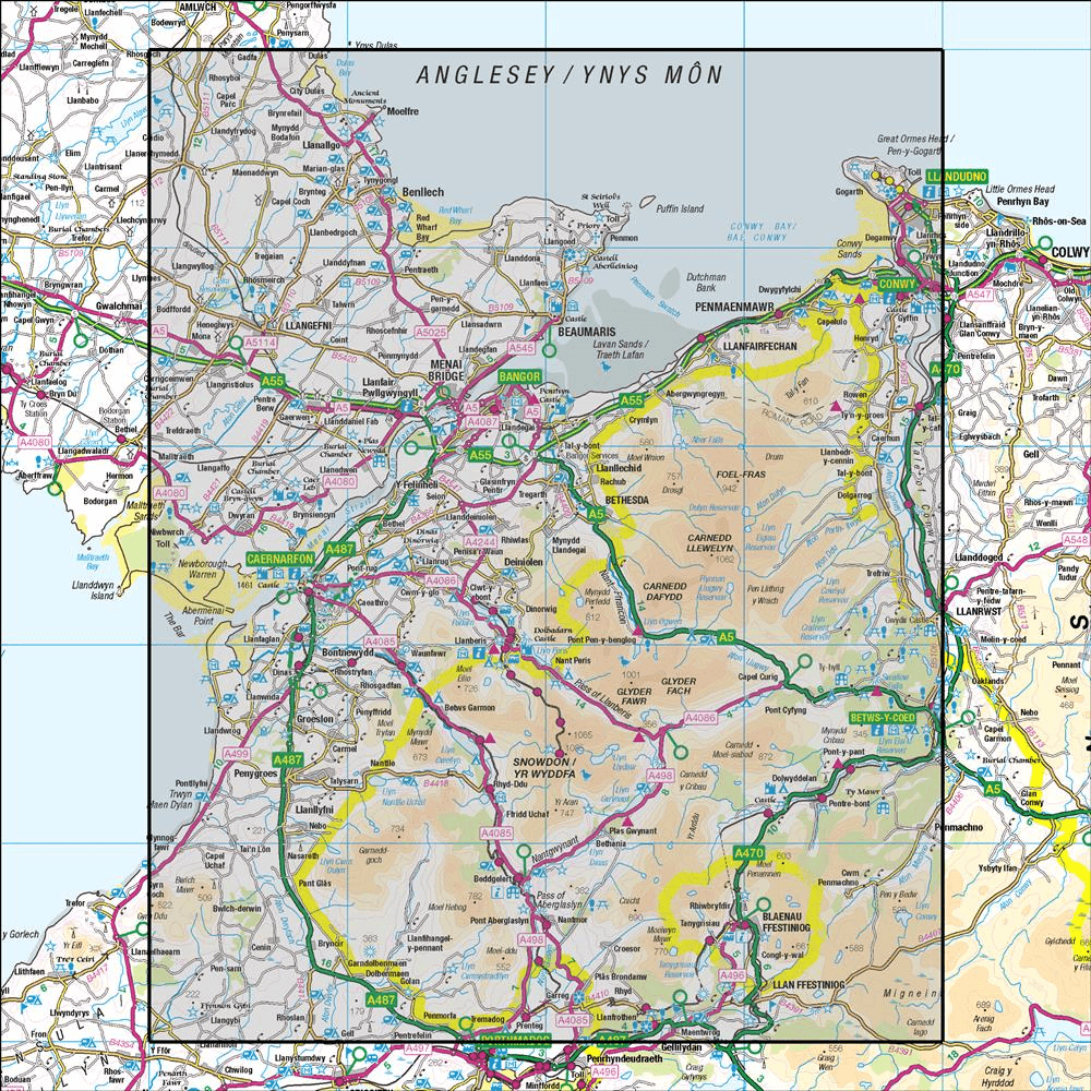 Outdoor Map Navigator image showing the area of the 1:50,000 scale Ordnance Survey Landranger map 115 Snowdon Caernarfon