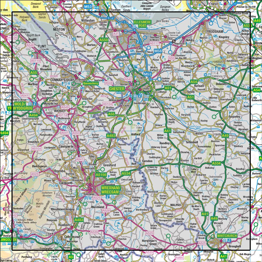 Outdoor Map Navigator image showing the area of the 1:50,000 scale Ordnance Survey Landranger map 117 Chester & Wrexham Ellesmere Port
