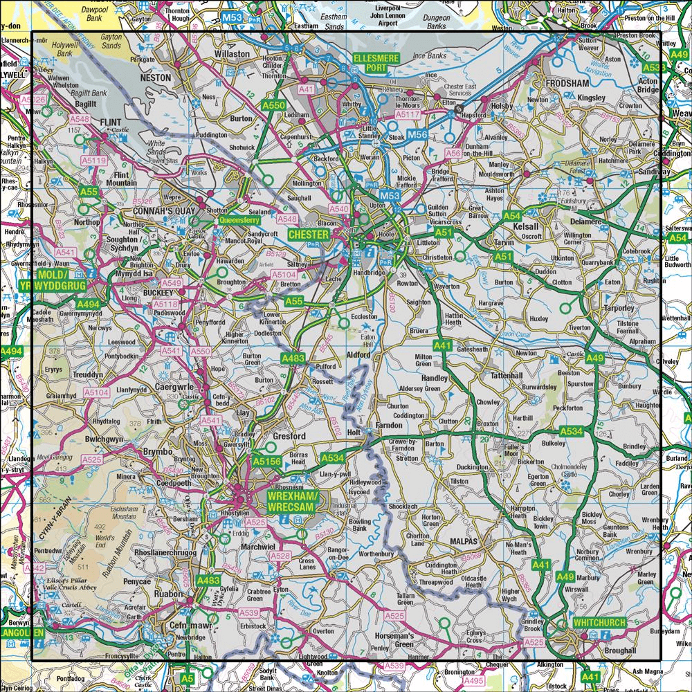 Outdoor Map Navigator image showing the area of the 1:50,000 scale Ordnance Survey Landranger map 117 Chester & Wrexham Ellesmere Port