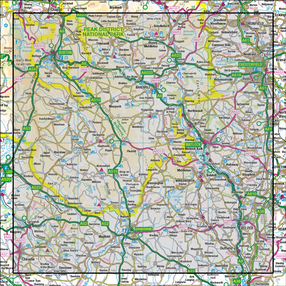 Outdoor Map Navigator image showing the area of the 1:50,000 scale Ordnance Survey Landranger map 119 Matlock Chesterfield, Bakewell & Dove Dale