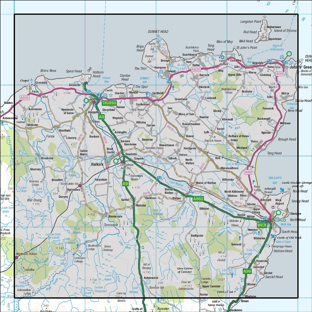 Outdoor Map Navigator image showing the area of the 1:50,000 scale Ordnance Survey Landranger map 12 Thurso & Wick John O Groats