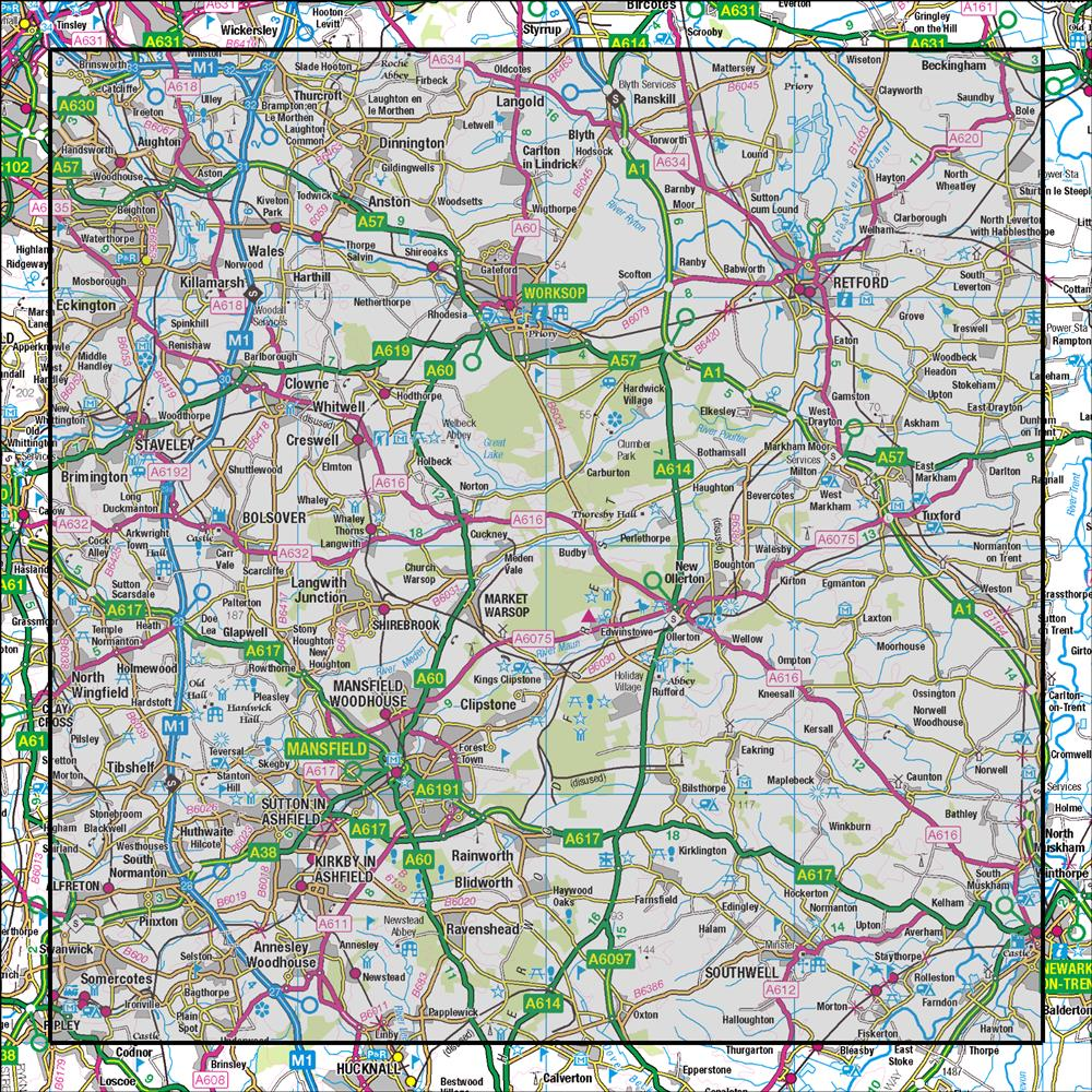 Outdoor Map Navigator image showing the area of the 1:50,000 scale Ordnance Survey Landranger map 120 Mansfield & Worksop Sherwood Forest