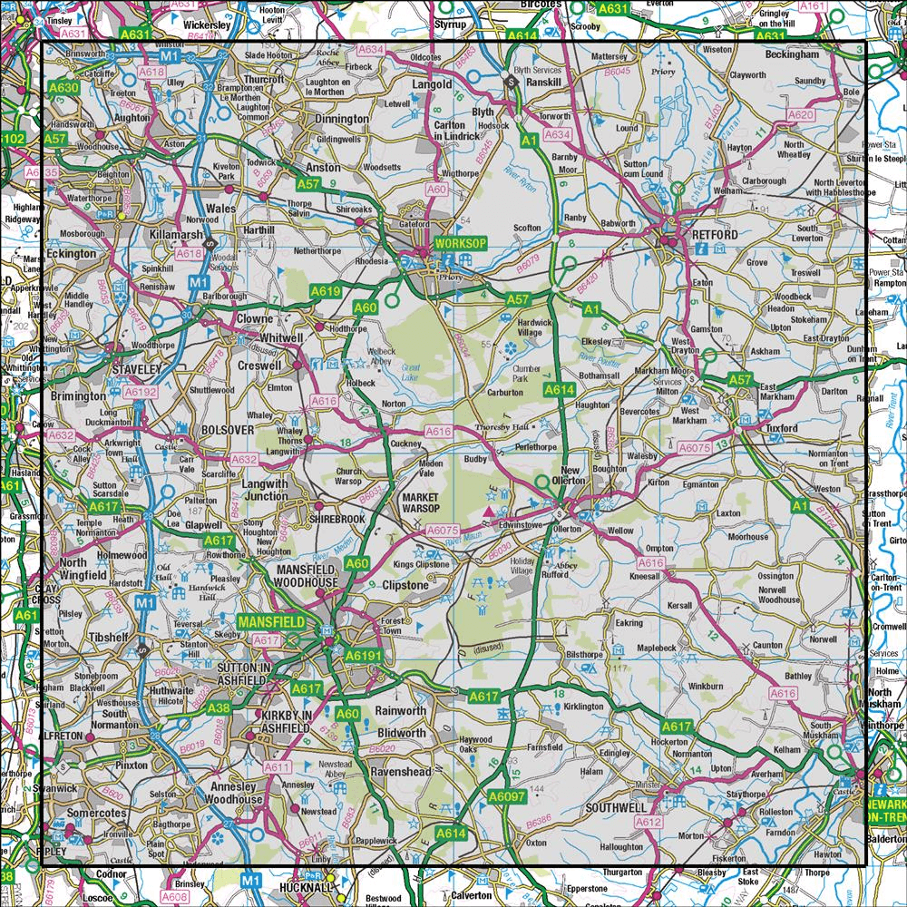 Outdoor Map Navigator image showing the area of the 1:50,000 scale Ordnance Survey Landranger map 120 Mansfield & Worksop Sherwood Forest