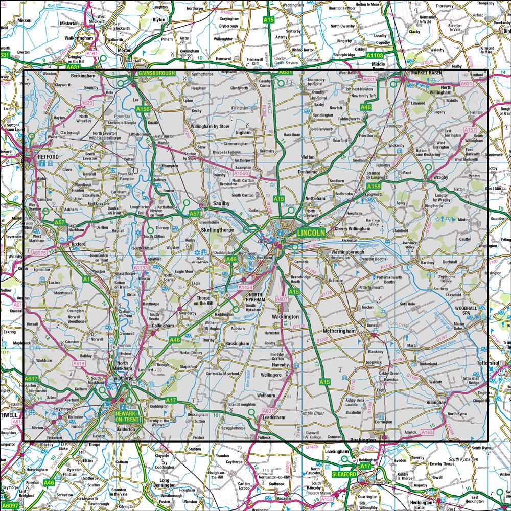 Outdoor Map Navigator image showing the area of the 1:50,000 scale Ordnance Survey Landranger map 121 Lincoln & Newark-on-Trent