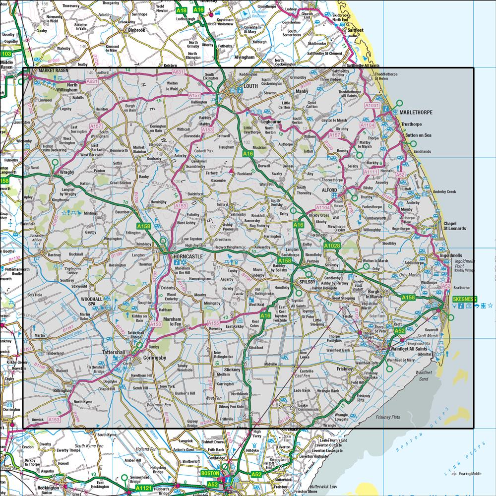 Outdoor Map Navigator image showing the area of the 1:50,000 scale Ordnance Survey Landranger map 122 Skegness & Horncastle
