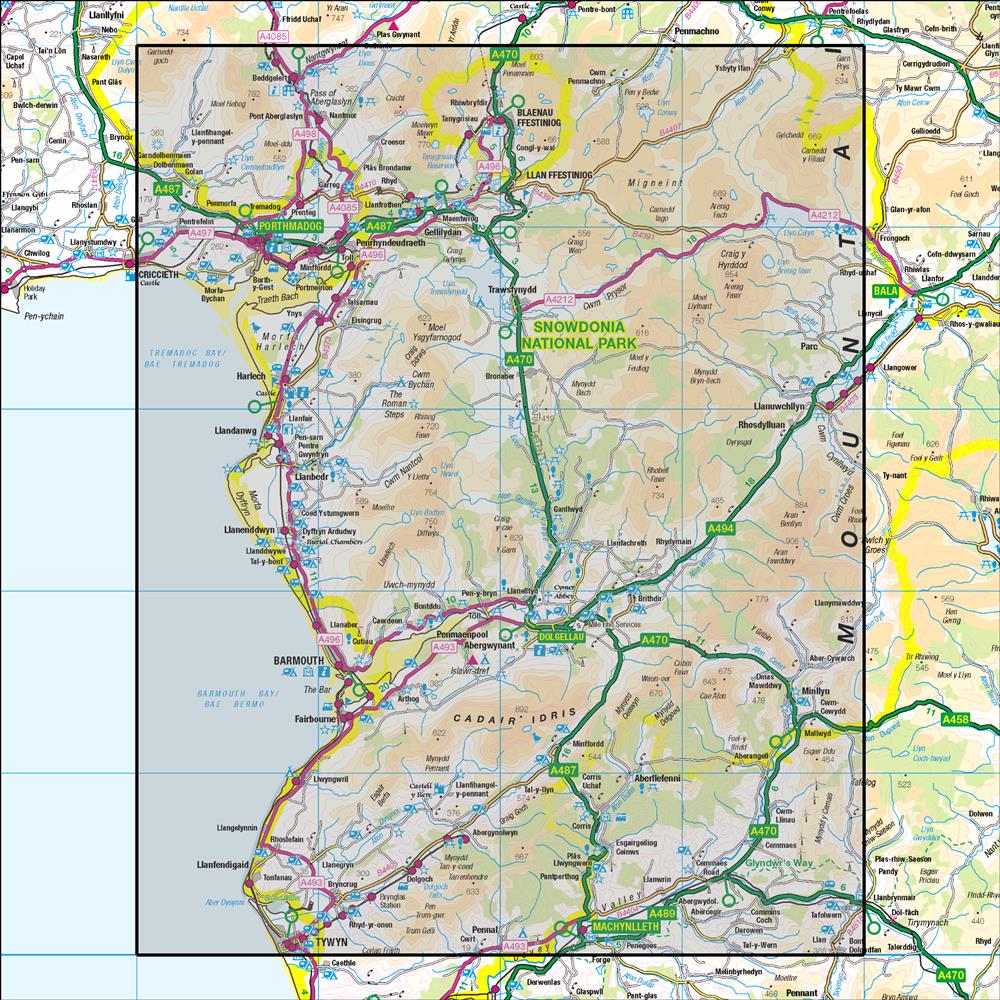 Outdoor Map Navigator image showing the area of the 1:50,000 scale Ordnance Survey Landranger map 124 Porthmadog & Dolgellau