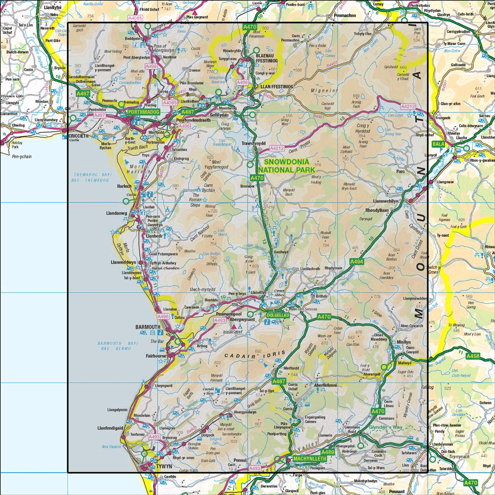 Outdoor Map Navigator image showing the area of the 1:50,000 scale Ordnance Survey Landranger map 124 Porthmadog & Dolgellau