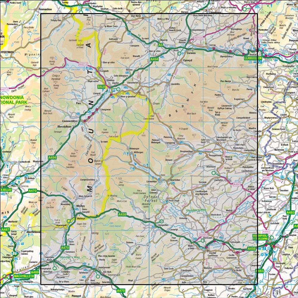 Outdoor Map Navigator image showing the area of the 1:50,000 scale Ordnance Survey Landranger map 125 Bala & Lake Vyrnwy Berwyn