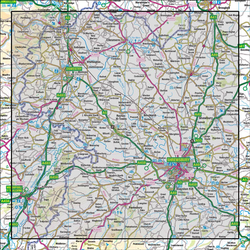 Outdoor Map Navigator image showing the area of the 1:50,000 scale Ordnance Survey Landranger map 126 Shrewsbury & Oswestry