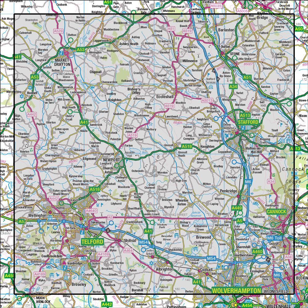 Outdoor Map Navigator image showing the area of the 1:50,000 scale Ordnance Survey Landranger map 127 Stafford & Telford Ironbridge