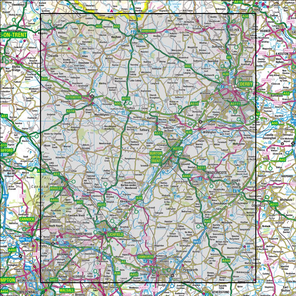Outdoor Map Navigator image showing the area of the 1:50,000 scale Ordnance Survey Landranger map 128 Derby & Burton upon Trent