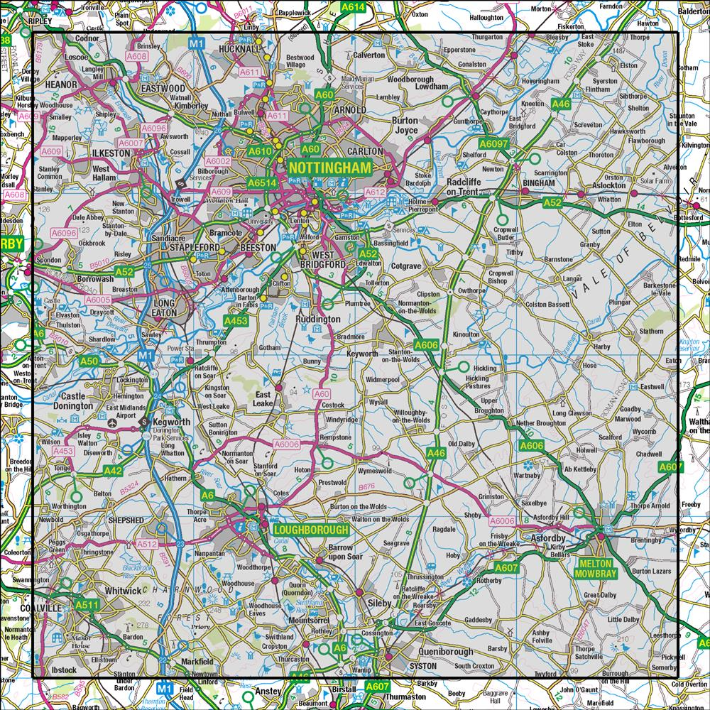 Outdoor Map Navigator image showing the area of the 1:50,000 scale Ordnance Survey Landranger map 129 Nottingham & Loughborough Melton Mowbray