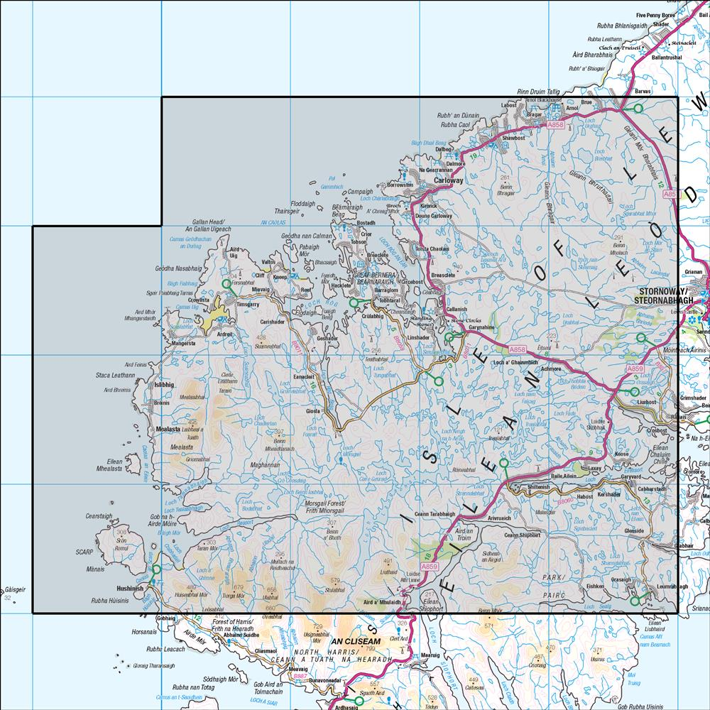 Outdoor Map Navigator image showing the area of the 1:50,000 scale Ordnance Survey Landranger map 13 West Lewis & North Harris