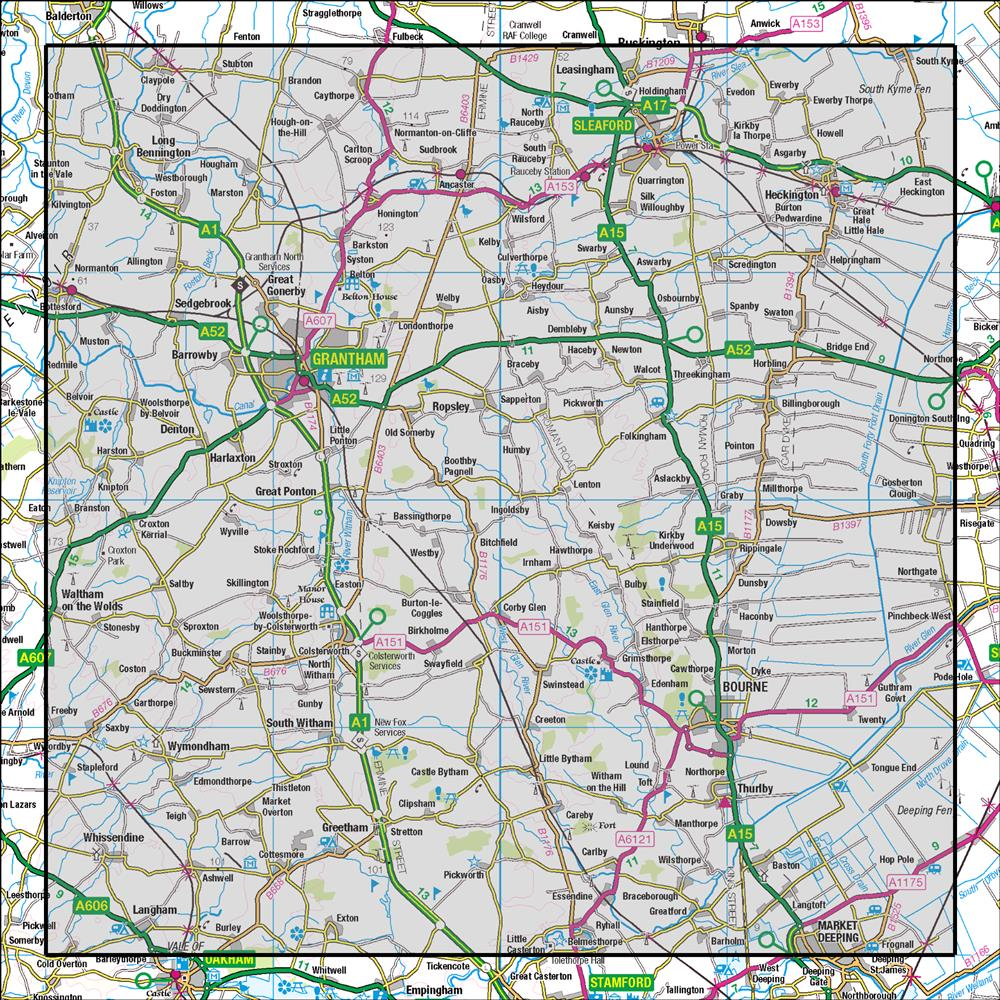 Outdoor Map Navigator image showing the area of the 1:50,000 scale Ordnance Survey Landranger map 130 Grantham Sleaford & Bourne