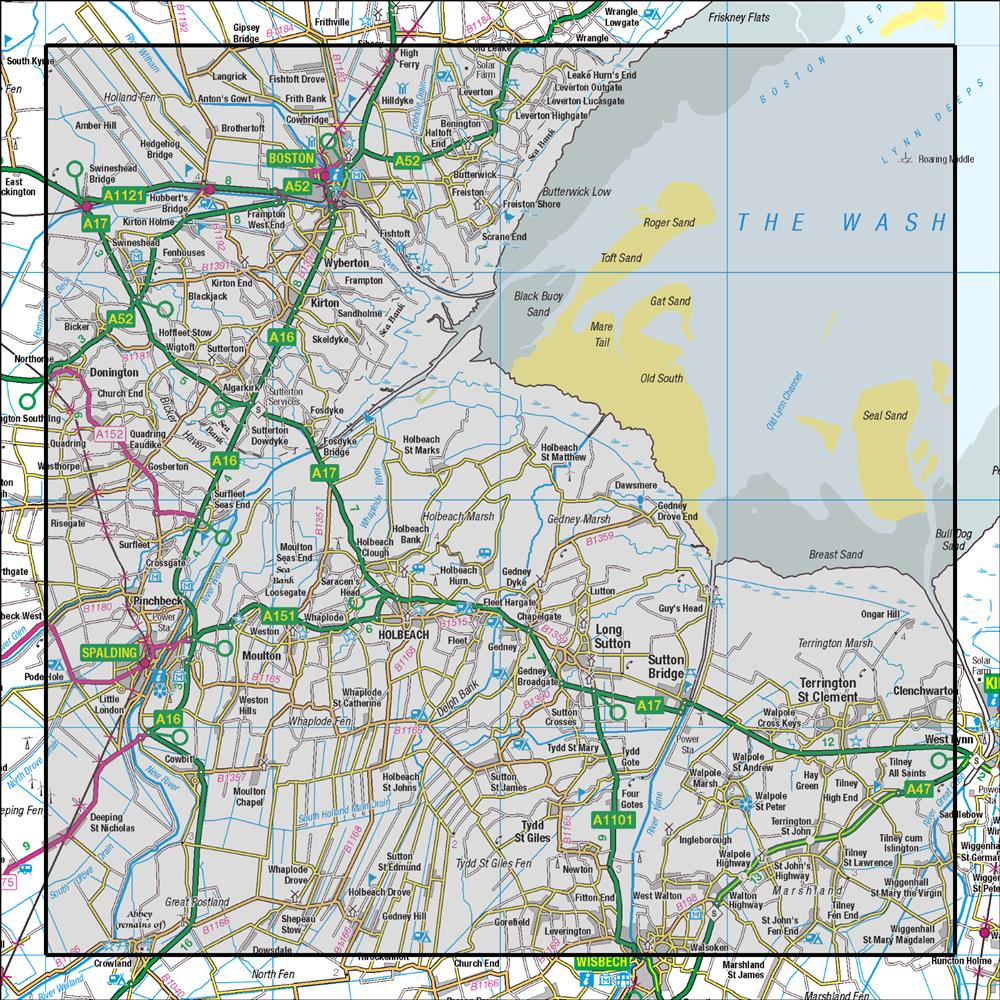 Outdoor Map Navigator image showing the area of the 1:50,000 scale Ordnance Survey Landranger map 131 Boston & Spalding