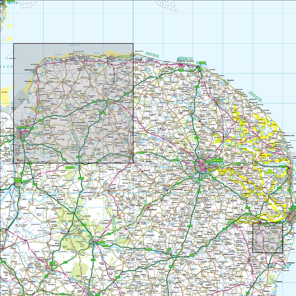 Outdoor Map Navigator image showing the area of the 1:50,000 scale Ordnance Survey Landranger map 132 North West Norfolk Kings Lynn & Fakenham